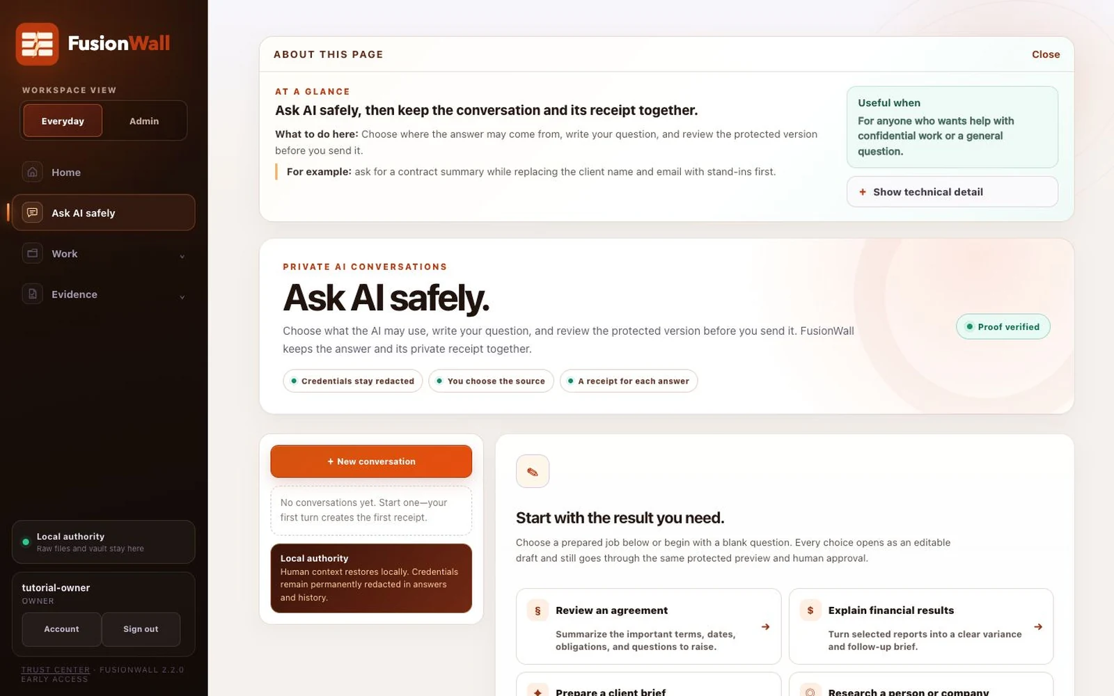 FusionWall Ask screen with prepared starts and private conversations.