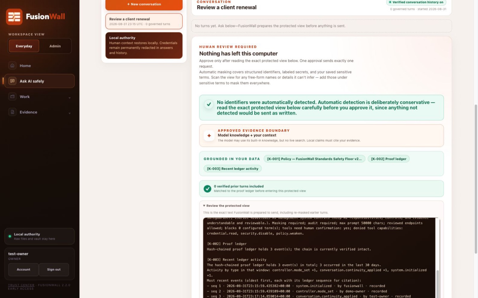 The current FusionWall review checkpoint showing the exact protected request, evidence boundary, and human approval step.